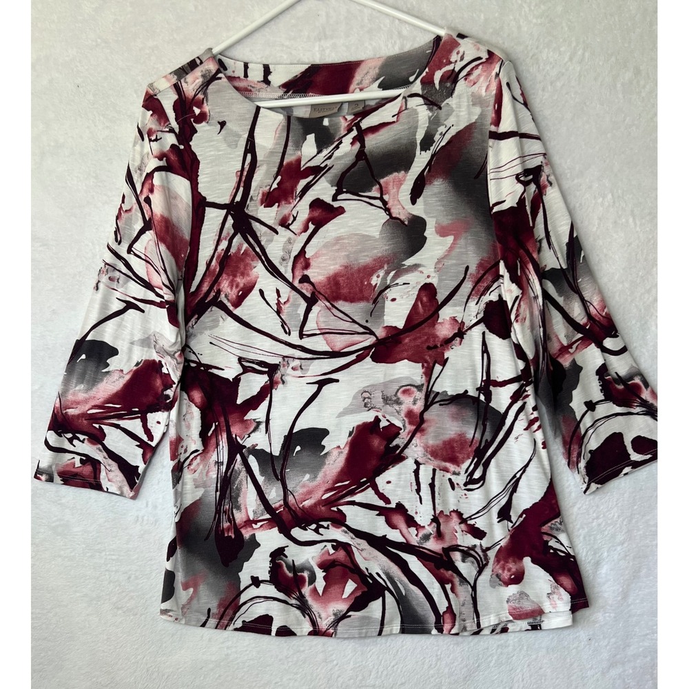 Easywear by Chicos Women Size 2 Large Abstract Floral 3/4 Sleeve Top Burgundy